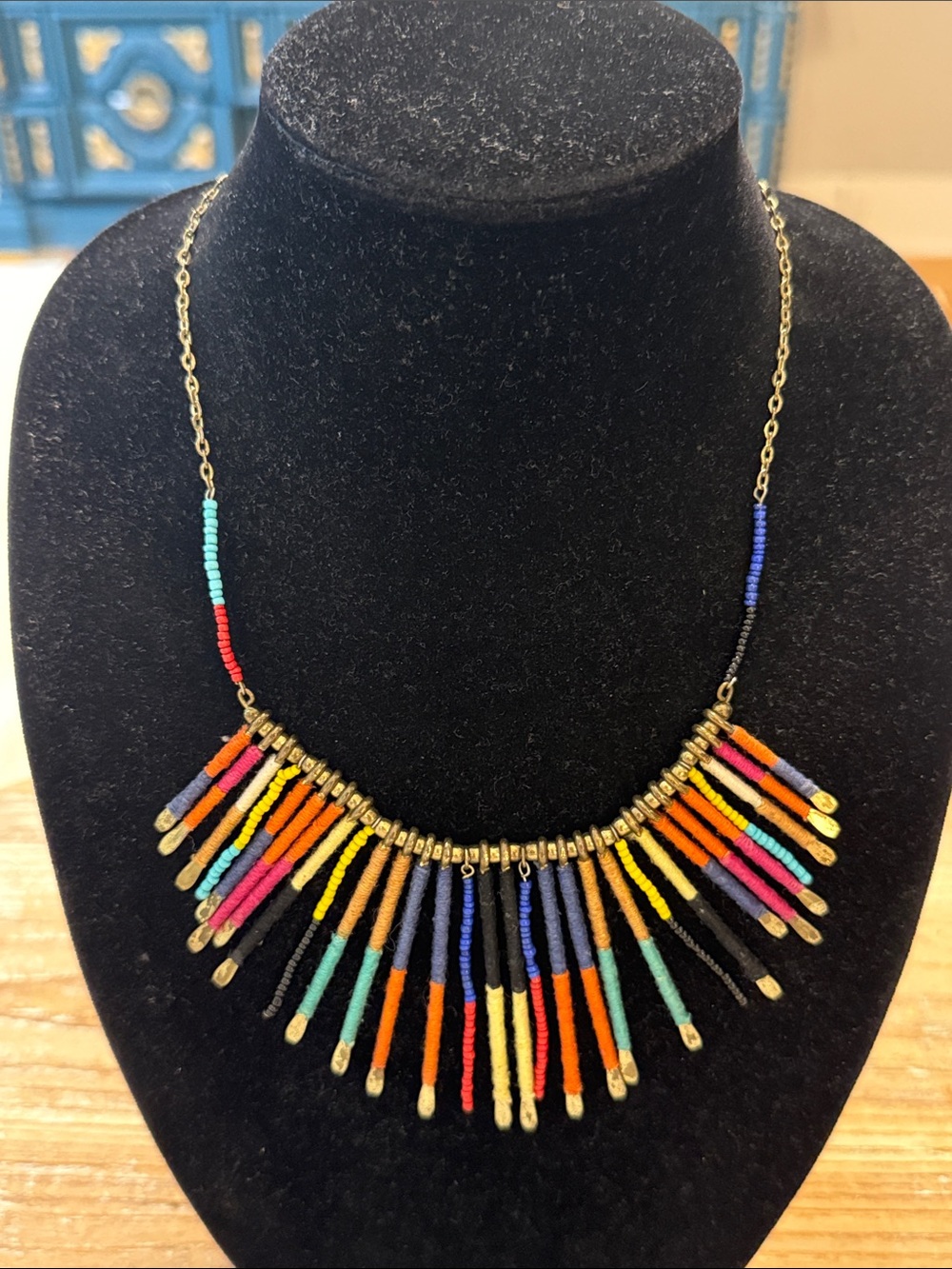 Vintage Gold Tone Multicolored Pendant Bib Boho Large Statement Necklace